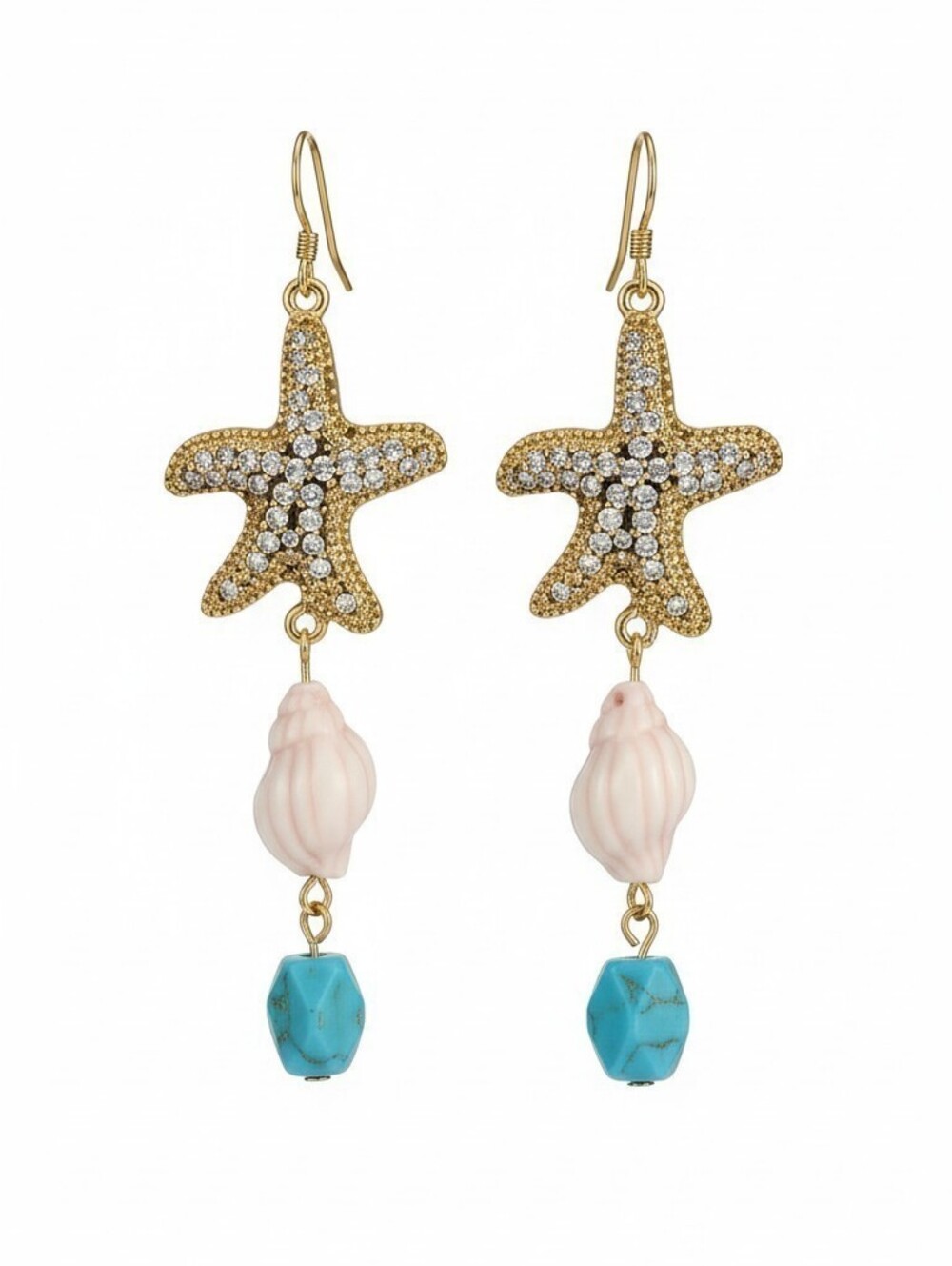 Sassified Boutique Nwt Starfish Drop Earrings with Pink Shell and Turquoise Bead